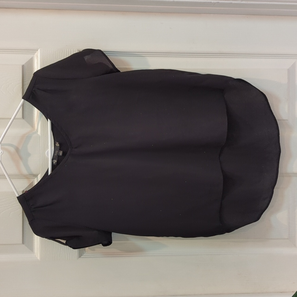iris Women's Black Short Sleeve Roll Tab Glitter Blouse Hi-Low Size Large